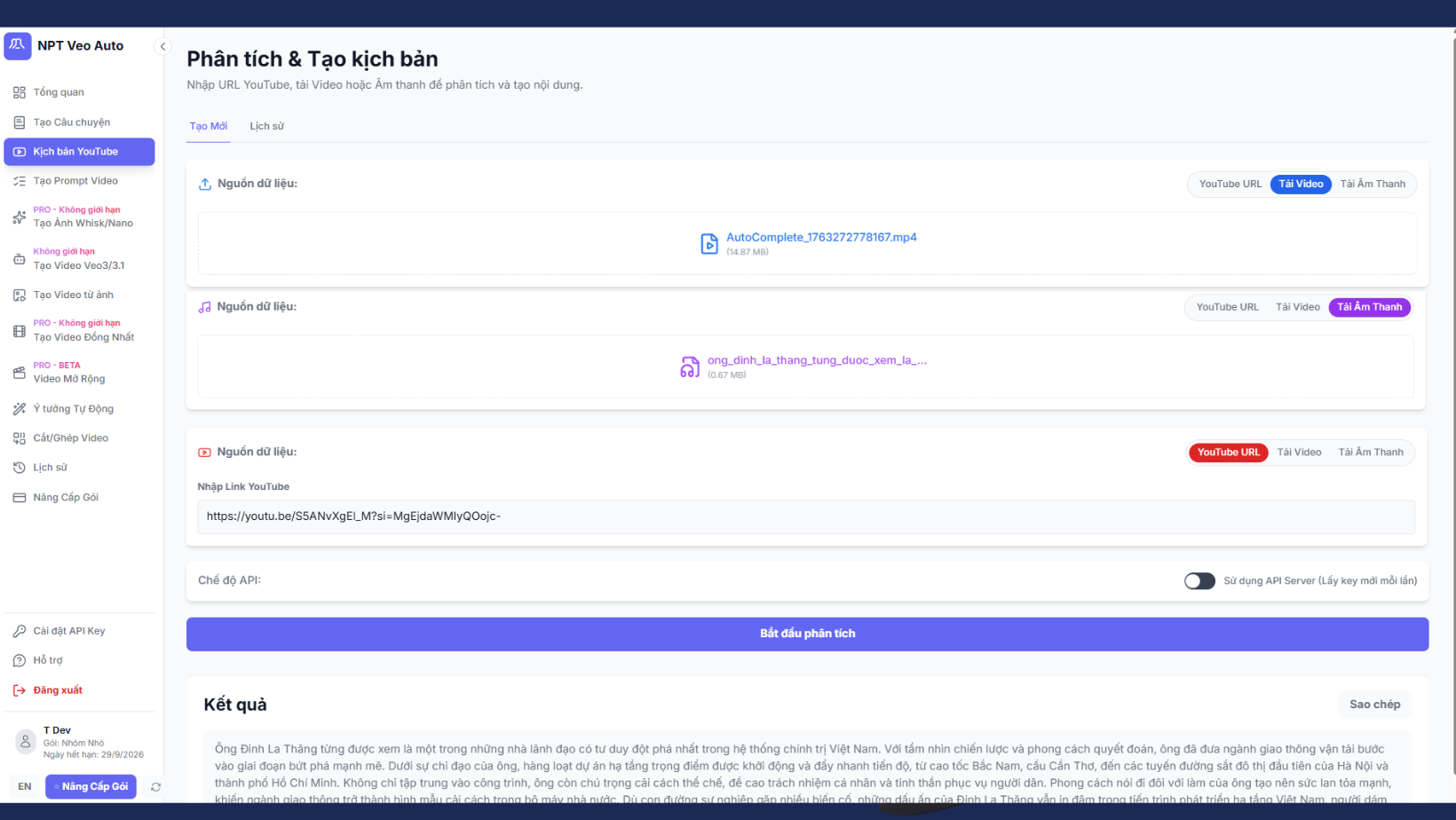 Lấy kịch bản từ YouTube